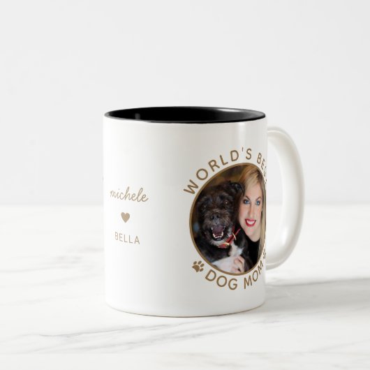 世界最高の犬の母金ゴールド名前をカスタムするペットの写真 ツートーンマグカップ (正面右)