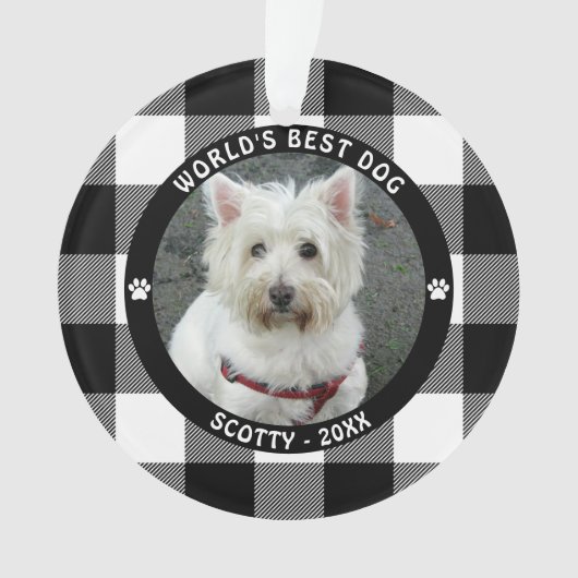 世界最高の犬 ブラック&ホワイト バッファローチェック ネーム オーナメント (正面)