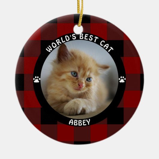世界最高の猫 レッドバッファローチェック あなただけの特別なオーダーメイド セラミックオーナメント (正面)