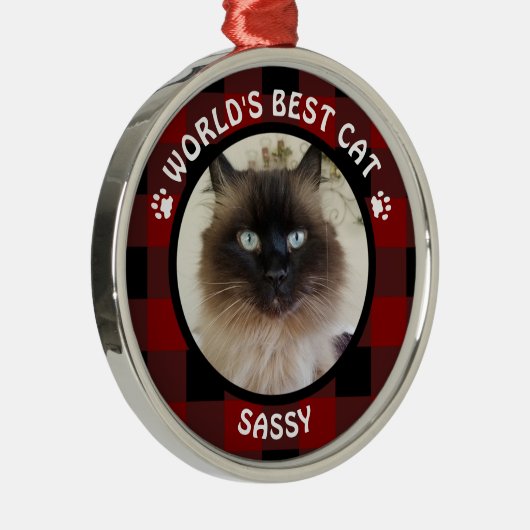 世界最高の猫 赤と黒のバフアローチェック 名前 メタルオーナメント (右)
