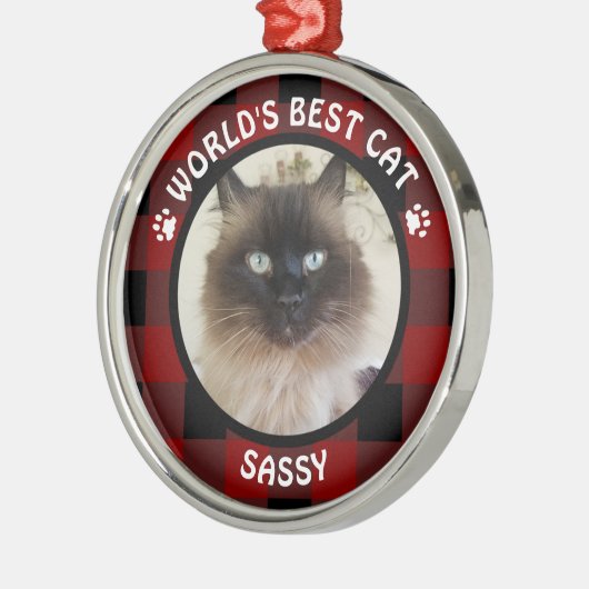 世界最高の猫 赤と黒のバフアローチェック 名前 メタルオーナメント (左)