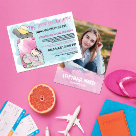 世界水ガーリー色を変更する写真の卒業 招待状