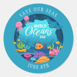 世界海洋の日の水中海洋生物のシーン ラウンドシール