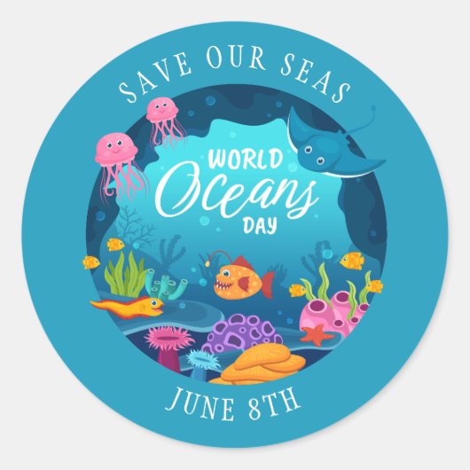 世界海洋の日の水中海洋生物のシーン ラウンドシール (正面)