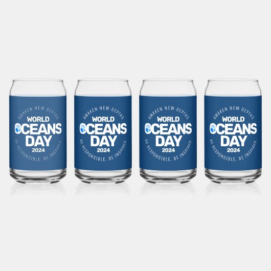 世界海洋の日ブルーの様式化された地球波 ガラス缶 (裏面)