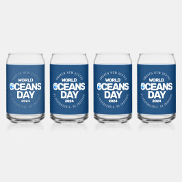 世界海洋の日ブルーの様式化された地球波 ガラス缶