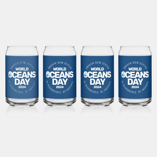 世界海洋の日ブルーの様式化された地球波 ガラス缶 (正面)