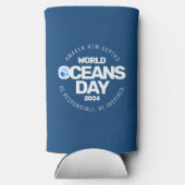 世界海洋の日ブルーの様式化された地球波 スリム缶クーラー (裏面)