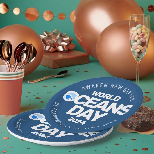 世界海洋の日ブルーの様式化された地球波 ペーパープレート (複数)