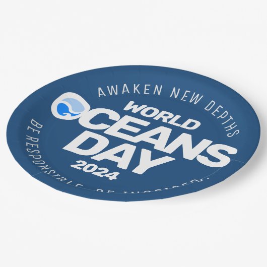 世界海洋の日ブルーの様式化された地球波 ペーパープレート (アングル)