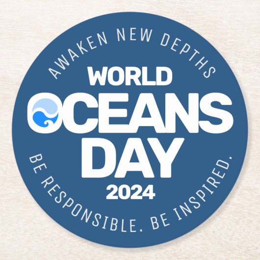 世界海洋の日ブルーの様式化された地球波 ラウンドペーパーコースター (正面)