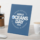 世界海洋の日ブルーの様式化された地球波 台座サイン (インサイチュ)