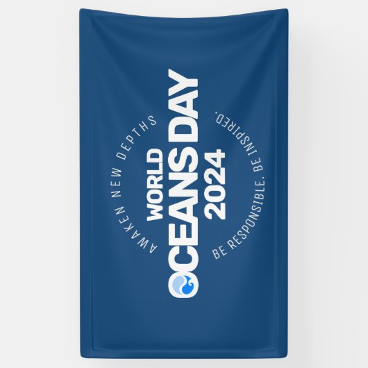 世界海洋の日ブルーの様式化された地球波 横断幕 (縦)