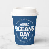 世界海洋の日ブルーの様式化された地球波 紙コップ (裏面)