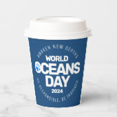 世界海洋の日ブルーの様式化された地球波 紙コップ (正面)