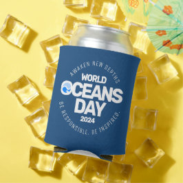 世界海洋の日ブルーの様式化された地球波 缶クーラー