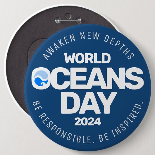世界海洋の日ブルーの様式化された地球波 缶バッジ (正面&裏面)