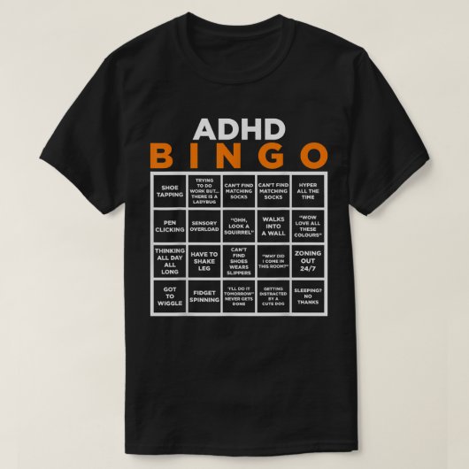 世界精神衛生認識度デーADHDビンゴおもしろい Tシャツ (デザイン正面)