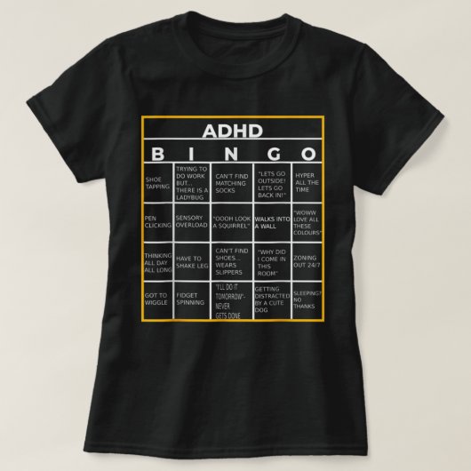 世界精神衛生認識度デーADHDビンゴおもしろい Tシャツ (デザイン正面)