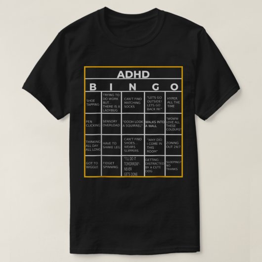 世界精神衛生認識度デーADHDビンゴおもしろい Tシャツ (デザイン正面)