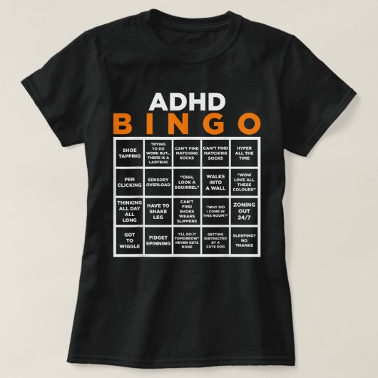 世界精神衛生認識度デーADHDビンゴおもしろい Tシャツ (デザイン正面)