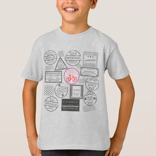世界自転車、レトロ切手 Tシャツ (正面)