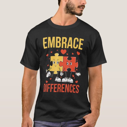 世界自閉症啓発デー 違いを認めよう 面白いパズル Tシャツ (正面)