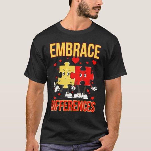 世界自閉症啓発デー 違いを認めよう 面白いパズル Tシャツ (正面)