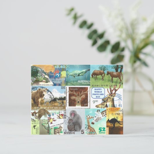 世界郵便はがき日 – 動物郵便切手コラージュ ポストカード (スタンド正面)