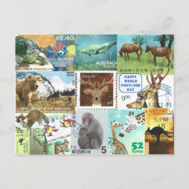 世界郵便はがき日 – 動物郵便切手コラージュ ポストカード