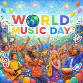世界音楽の日 カラフルなタイポグラフィーアート 長方形シール