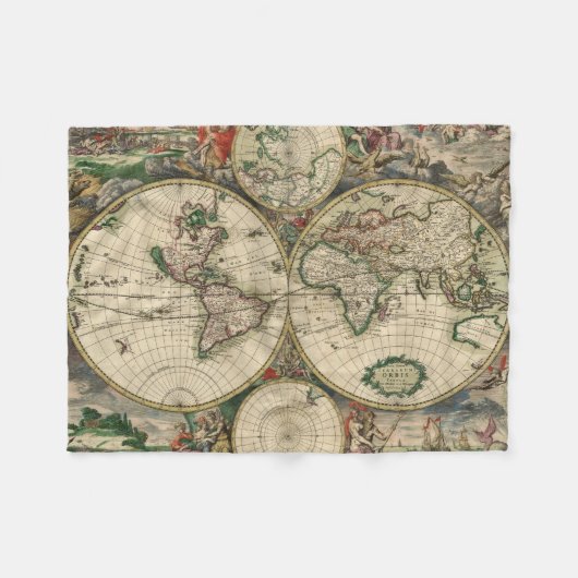 世界(1689年)のヴィンテージの地図 フリースブランケット (正面(横))