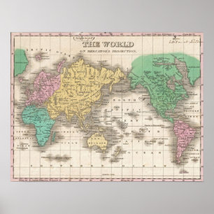 世界(1827年)のヴィンテージの地図 ポスター
