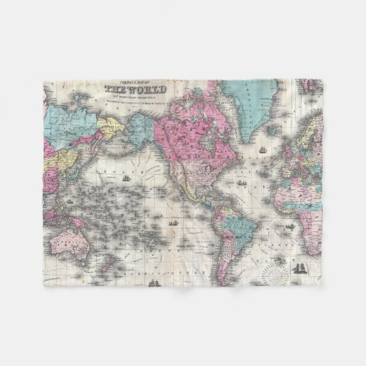 世界(1852年)のヴィンテージの地図 フリースブランケット (正面(横))