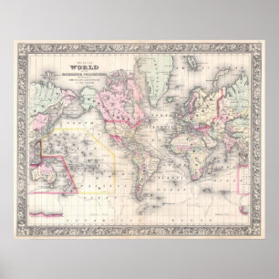 世界(1864年)のヴィンテージの地図 ポスター