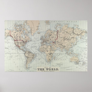 世界(1875年)のヴィンテージの地図 ポスター