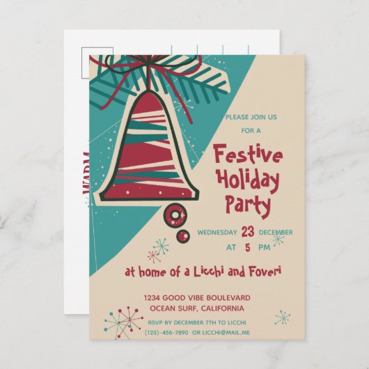 世紀中頃のクリスマスベルモダン インビテーションポストカード (正面/裏面)