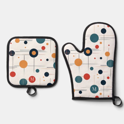 世紀中頃の幾何学的パターン 鍋つかみ&鍋敷きセット (正面)