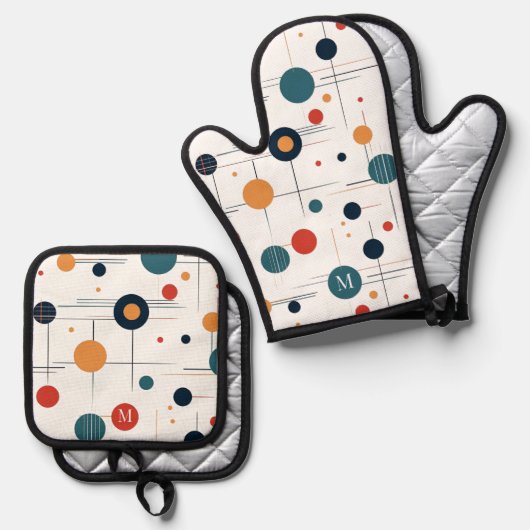 世紀中頃の幾何学的パターン 鍋つかみ&鍋敷きセット (正面/裏面)