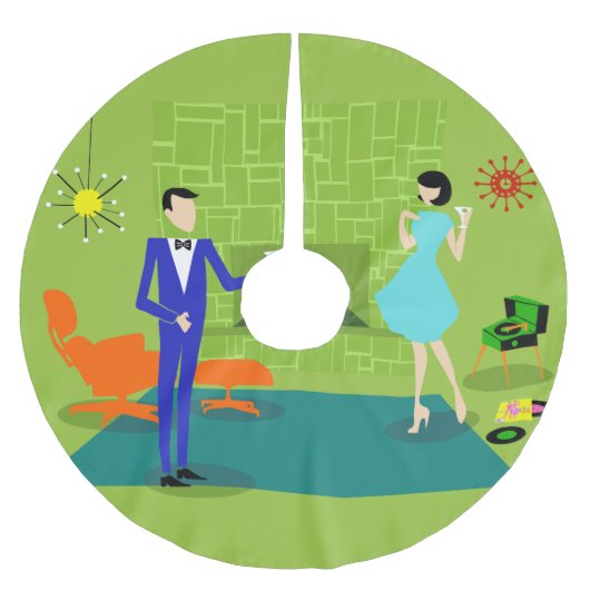 世紀半ばのモダンなカップルのクリスマスツリーのスカート ブラッシュドポリエステルツリースカート (正面)