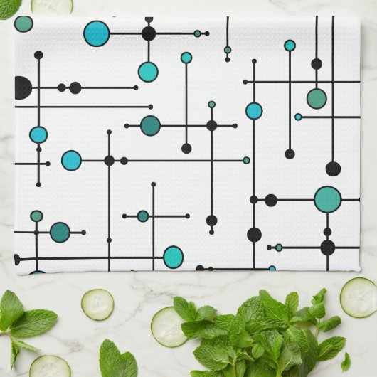 世紀半ばのモダンなスタイルの水の青の点 キッチンタオル (折り畳み)