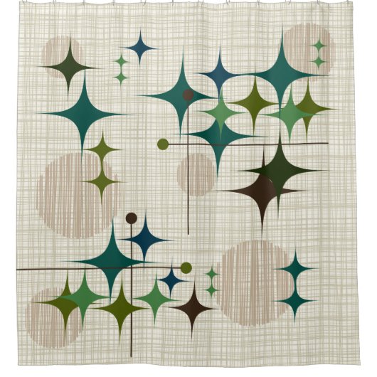 世紀半ばのモダンなスターバストおよび地球 シャワーカーテン (正面)