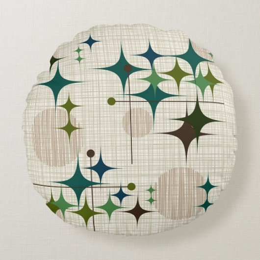 世紀半ばのモダンなスターバストおよび地球 ラウンドクッション (正面)