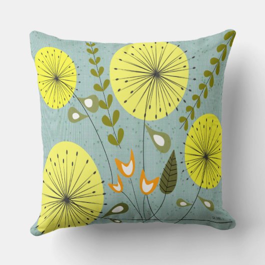 世紀半ばのモダンなタンポポは黄色の時間を記録します クッション (裏面)