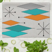 世紀半ばのモダンなダイヤモンドティール(緑がかった色)およびオレンジ キッチンタオル (折り畳み)