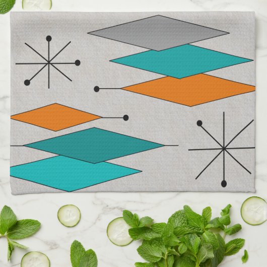 世紀半ばのモダンなダイヤモンドティール（緑がかった色）およびオレンジ キッチンタオル (折り畳み)