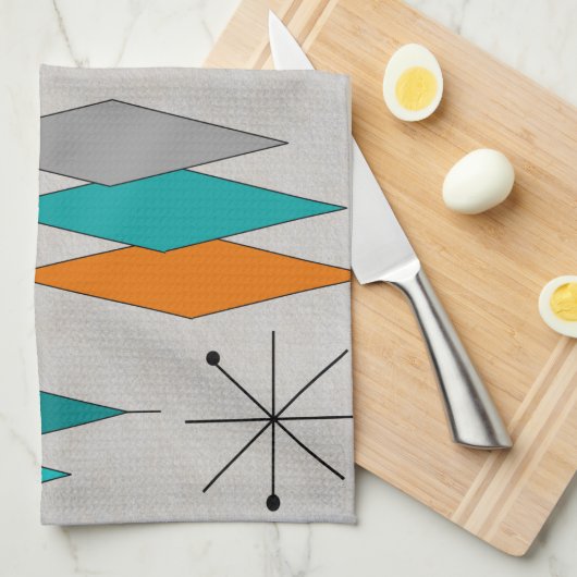 世紀半ばのモダンなダイヤモンドティール(緑がかった色)およびオレンジ キッチンタオル (四つ折り)