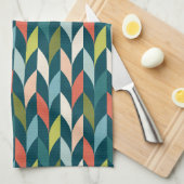 世紀半ばのモダンなティール(緑がかった色)及び珊瑚パターン キッチンタオル (四つ折り)