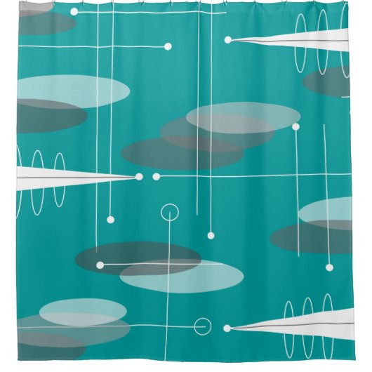 世紀半ばのモダンな楕円形の抽象的なティール（緑がかった色）の青 シャワーカーテン (正面)