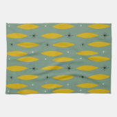 世紀半ばのモダンな楕円形、スターバスト、ティール(緑がかった色)の金ゴールド キッチンタオル (横)